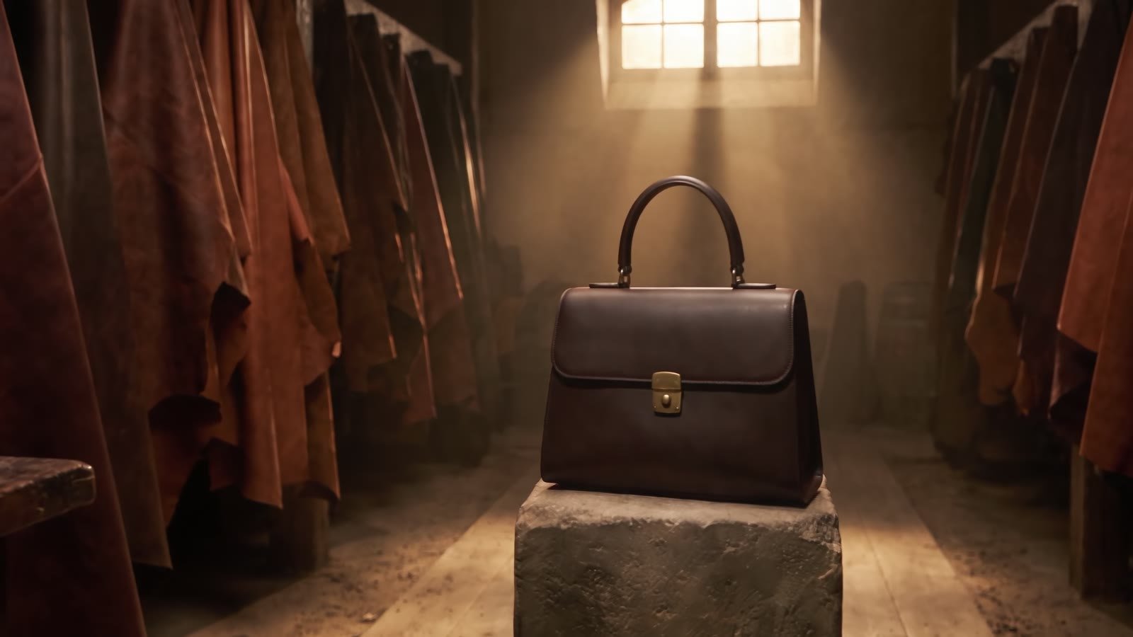 The Ouvrage N°1 bag on its stone pedestal, in a shaft of warm light.